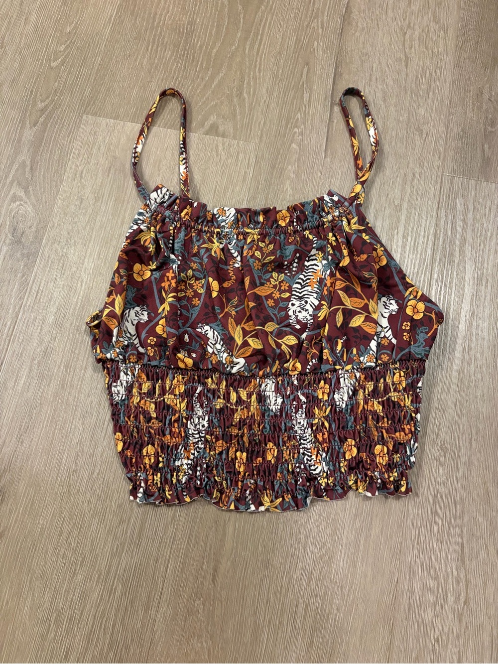Urban Outfitters Burgundy Floral & Tiger Print Smocked Crop Top